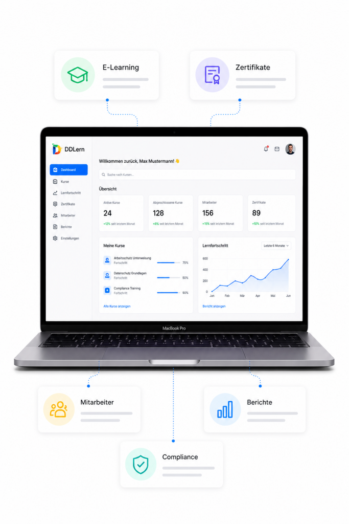 Dashboard einer E-Learning Plattform zur Verwaltung von Mitarbeiterschulungen und Lernfortschritt